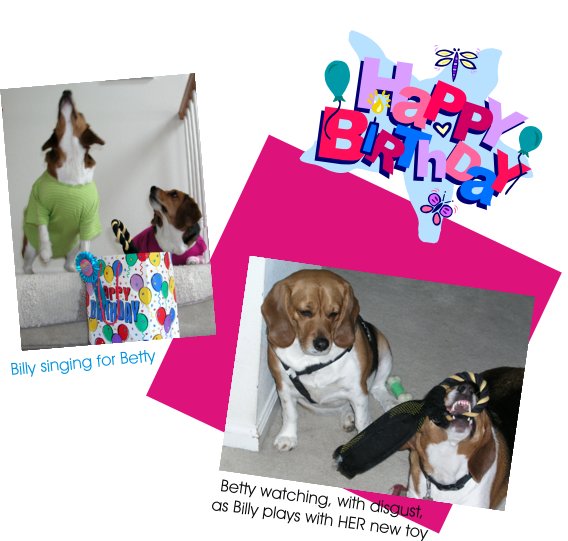 Betty celebrates her 4th birthday.  Billy Beagle says "Happy Birthday"
